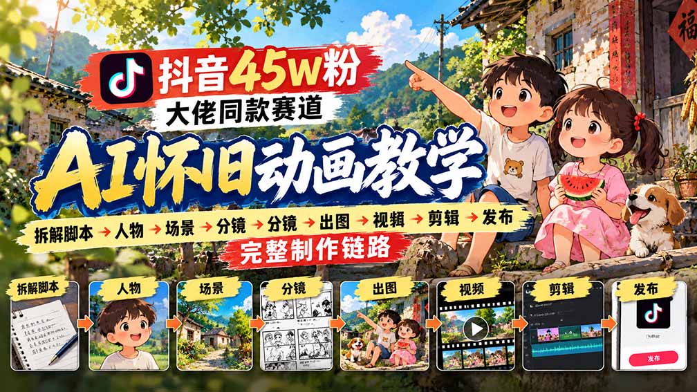 (20781期)抖音45W粉大佬同款赛道AI怀旧动画教学:拆解脚本→人物→场景→分镜→出图→视频→剪辑→发布完整制作链路网创库-网创项目资源站-副业项目-创业项目-搞钱项目网创吧