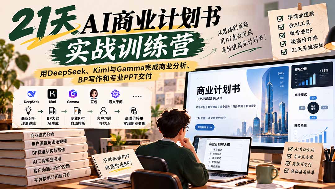 （20637期）【无水印】21天AI商业计划书实战训练营：用DeepSeek、Kimi与Gamma完成商业分析、BP写作和专业PPT交付网创吧-网创项目资源站-副业项目-创业项目-搞钱项目网创吧