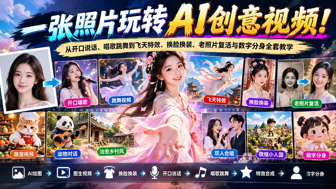（21202期）一张照片玩转AI创意视频！从开口说话、唱歌跳舞到飞天特效、换脸换装、老照片复活与数字分身全套教学-网创项目资源站-副业项目_创业项目_搞钱项目_网创项目资源平台