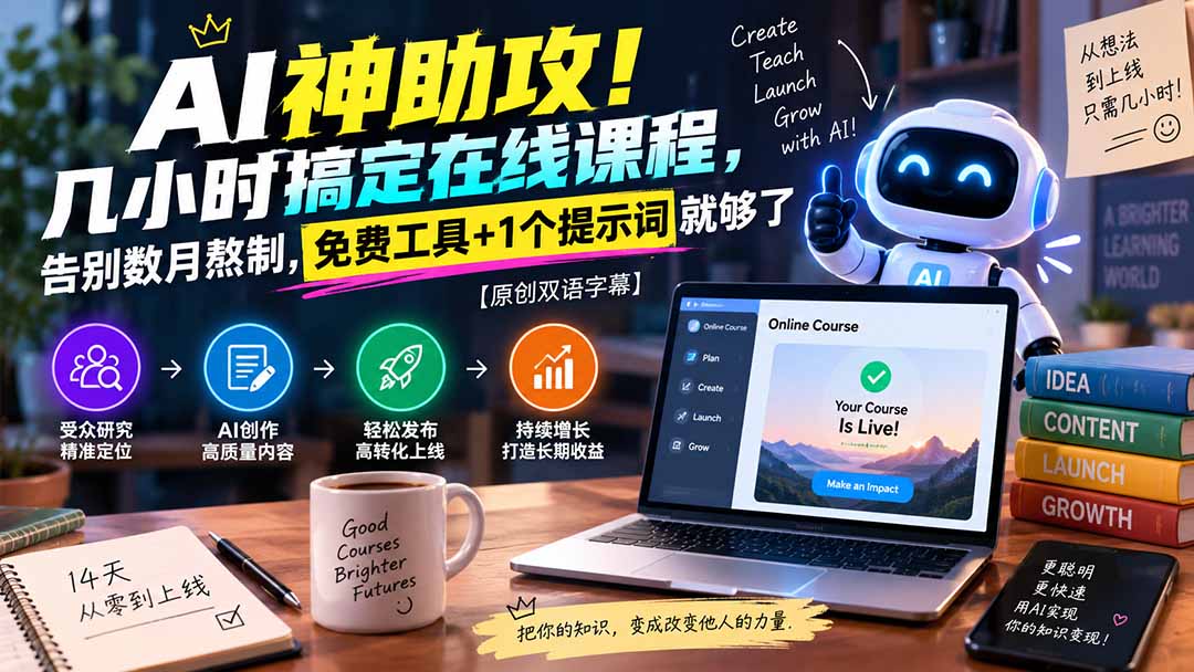 （20528期）AI神助攻！几小时搞定在线课程，告别数月熬制，免费工具+1个提示词就够了【原创双语字幕】网创吧-网创项目资源站-副业项目-创业项目-搞钱项目网创吧