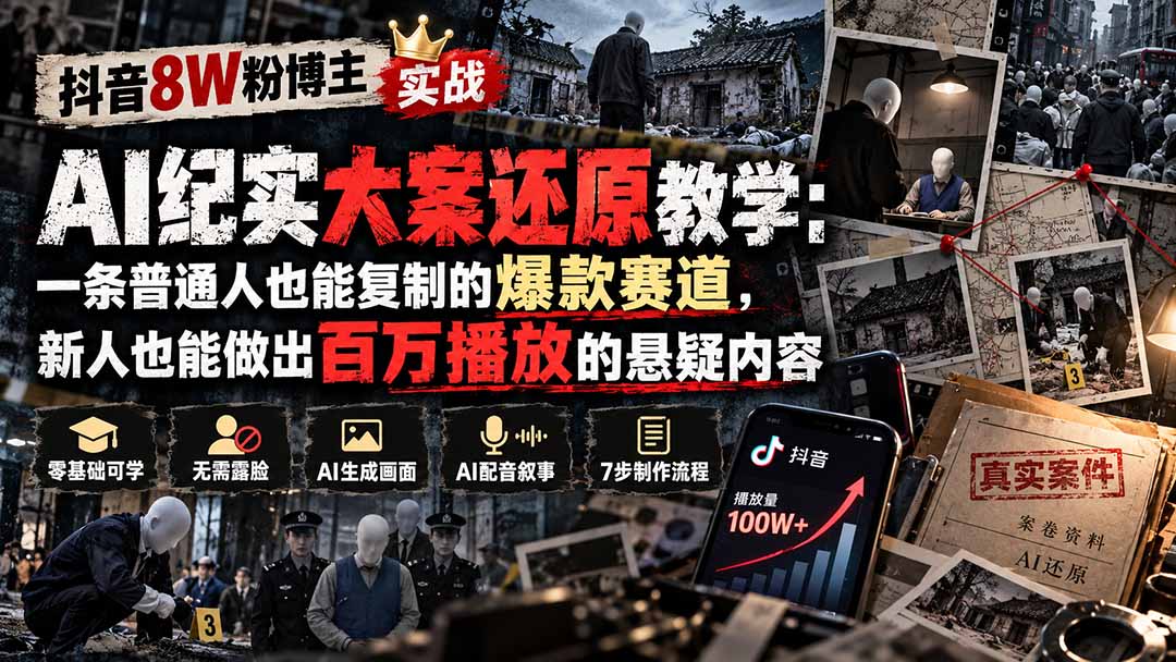 (20865期)抖音8W粉博主AI纪实大案还原教学:一条普通人也能复制的爆款赛道,新人也能做出百万播放的悬疑内容-网创项目资源站-副业项目_创业项目_搞钱项目_网创项目资源平台