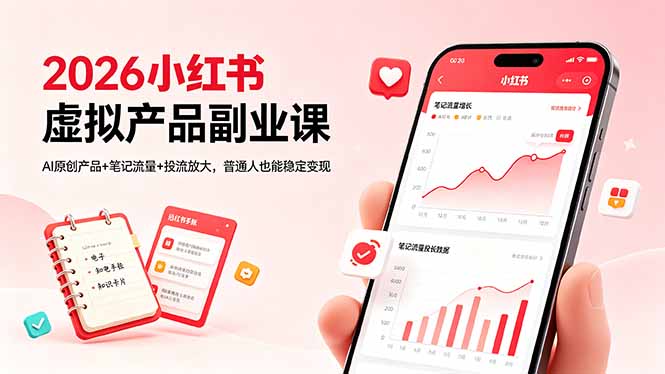 (18449期)2026小红书虚拟产品副业课,AI原创产品+笔记流量+投流放大,普通人也能稳定变现