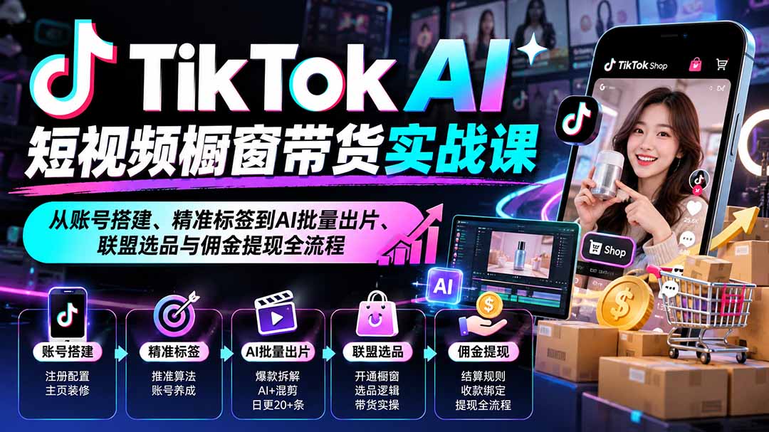 (20725期)TikTok AI短视频橱窗带货实战课:从账号搭建、精准标签到AI批量出片、联盟选品与佣金提现全流程网创库-网创项目资源站-副业项目-创业项目-搞钱项目网创吧