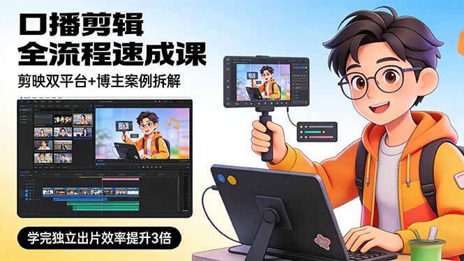 (17420期)口播剪辑全流程速成课,剪映双平台+博主案例拆解,学完独立出片效率提升3倍