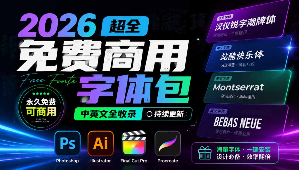(19982期)2026超全免费商用字体包字体中英文,涵盖ps/ai/fcpx/procreate 字库网创吧-网创项目资源站-副业项目-创业项目-搞钱项目网创吧