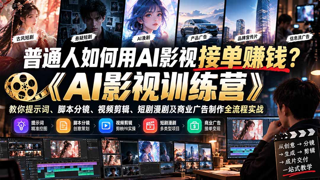 （21230期）普通人如何用AI影视接单赚钱？《AI影视训练营》教你提示词、脚本分镜、视频剪辑、短剧漫剧及商业广告制作全流程实战-网创项目资源站-副业项目_创业项目_搞钱项目_网创项目资源平台