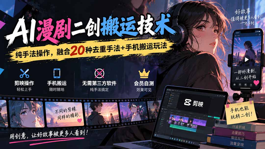 (20551期)AI漫剧二创搬运技术,纯手法操作,融合20种去重手法+手机搬运玩法网创吧-网创项目资源站-副业项目-创业项目-搞钱项目网创吧
