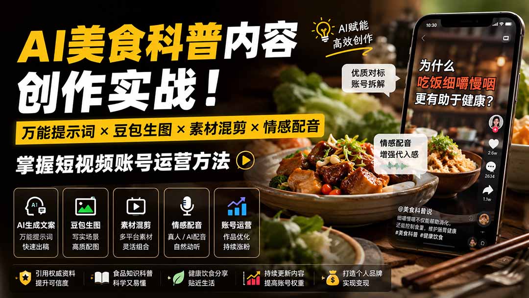 (19930期)外面卖199元-AI美食科普内容创作实战!万能提示词×豆包生图×素材混剪×情感配音,掌握短视频账号运营方法网创吧-网创项目资源站-副业项目-创业项目-搞钱项目网创吧