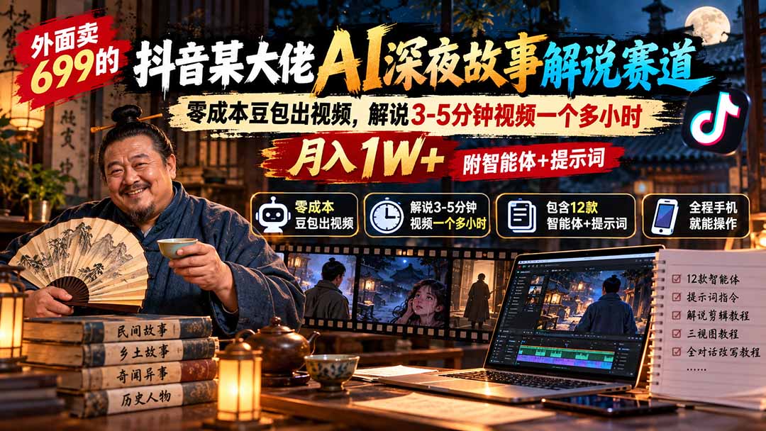 (20648期)外面卖699的抖音某大佬AI深夜故事解说赛道:零成本豆包出视频,解说3-5分钟视频一个多小时,月入1W+附智能体+提示词网创吧-网创项目资源站-副业项目-创业项目-搞钱项目网创吧