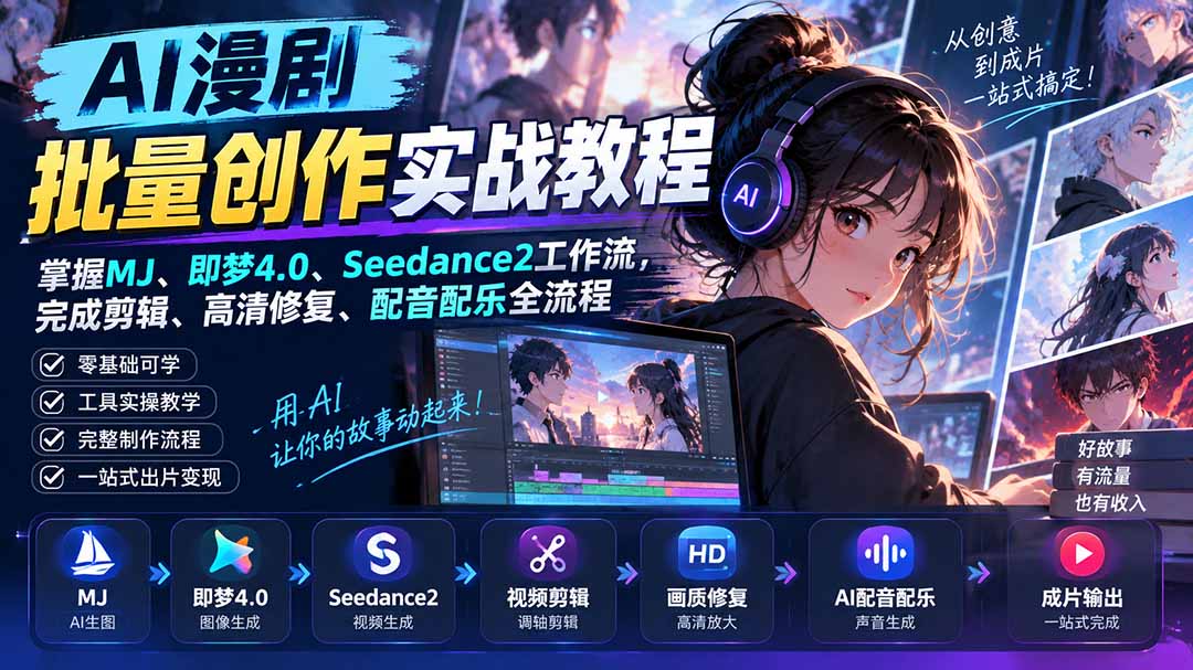 （20488期）AI漫剧批量创作实战教程：掌握MJ、即梦4.0、Seedance2工作流，完成剪辑、高清修复、配音配乐全流程网创吧-网创项目资源站-副业项目-创业项目-搞钱项目网创吧