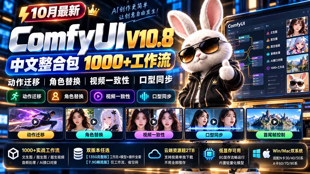 （21240期）10月最新ComfyUI V10.8中文整合包 1000+工作流 动作迁移 角色替换 视频一致性 口型同步 低显存可用-网创项目资源站-副业项目_创业项目_搞钱项目_网创项目资源平台