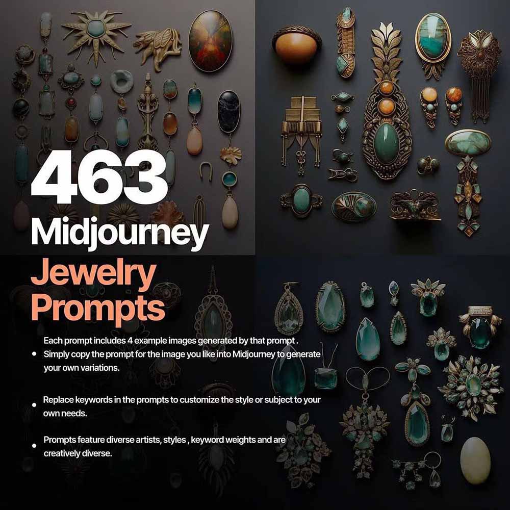 （17272期）460+专业Midjourney珠宝摄影AI提示词+成效果图，戒指/项链/耳环/手链/宝石/及奢侈配饰等全品类