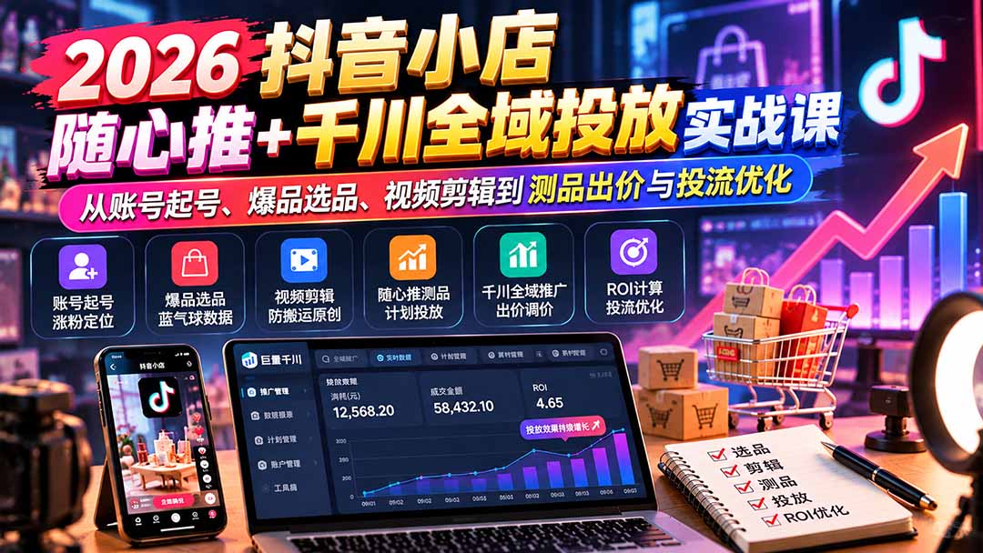 (20998期)2026抖音小店随心推+千川全域投放实战课:从账号起号、爆品选品、视频剪辑到测品出价与投流优化-网创项目资源站-副业项目_创业项目_搞钱项目_网创项目资源平台