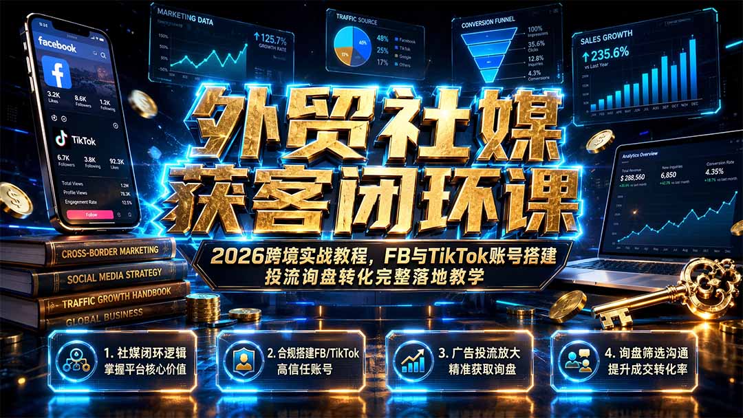 (19611期)外贸社媒获客闭环课|2026跨境实战教程,FB与TikTok账号搭建投流询盘转化完整落地教学网创吧-网创项目资源站-副业项目-创业项目-搞钱项目网创吧