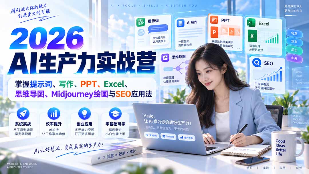 （20307期）2026AI生产力实战营：掌握提示词、写作、PPT、Excel、思维导图、Midjourney绘画与SEO应用法网创吧-网创项目资源站-副业项目-创业项目-搞钱项目网创吧