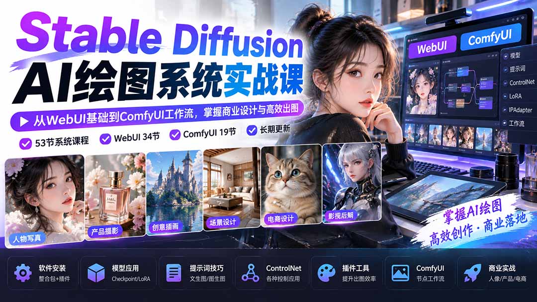 (20678期)Stable Diffusion AI绘图系统实战课:从WebUI基础到ComfyUI工作流,掌握商业设计与高效出图网创吧-网创项目资源站-副业项目-创业项目-搞钱项目网创吧
