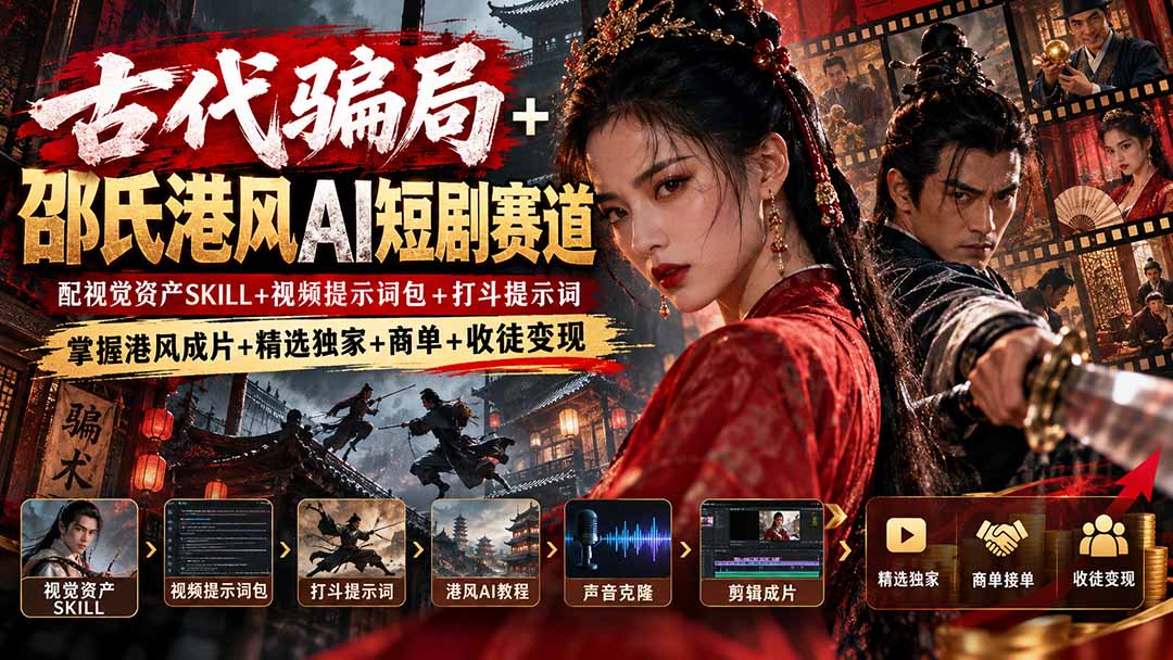 (20684期)古代骗局+邵氏港风AI短剧赛道:配视觉资产SKILL+视频提示词包+打斗提示词,掌握港风成片+精选独家+商单+收徒变现网创吧-网创项目资源站-副业项目-创业项目-搞钱项目网创吧