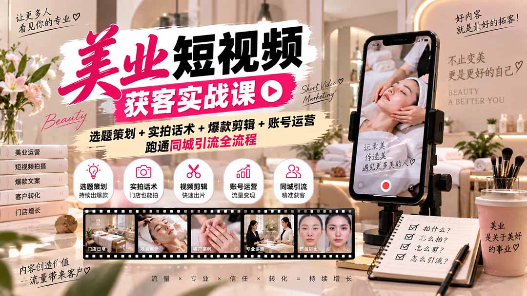 （20586期）美业短视频获客实战课-无水印：选题策划+实拍话术+爆款剪辑+账号运营，跑通同城引流全流程网创吧-网创项目资源站-副业项目-创业项目-搞钱项目网创吧