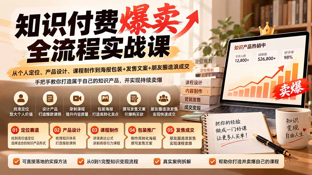 (20787期)【无水印】知识付费爆卖全流程实战课:从个人定位、产品设计、课程制作到海报包装+发售文案+朋友圈造浪成交网创库-网创项目资源站-副业项目-创业项目-搞钱项目网创吧