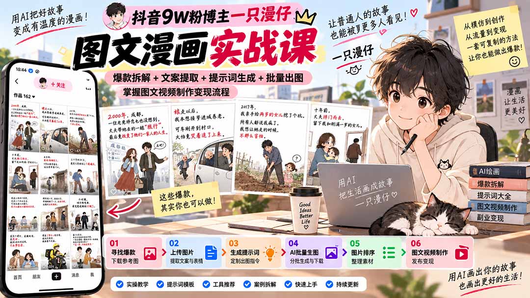 （20584期）抖音9W粉博主一只漫仔图文漫画课：爆款拆解+文案提取+提示词生成+批量出图，掌握图文视频制作变现流程网创吧-网创项目资源站-副业项目-创业项目-搞钱项目网创吧