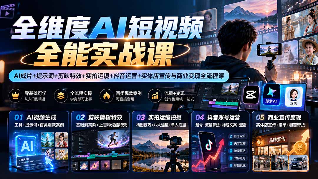 (20768期)【无水印】全维度AI短视频全能实战课:AI成片+提示词+剪映特效+实拍运镜+抖音运营+实体店宣传与商业变现全流程课网创库-网创项目资源站-副业项目-创业项目-搞钱项目网创吧