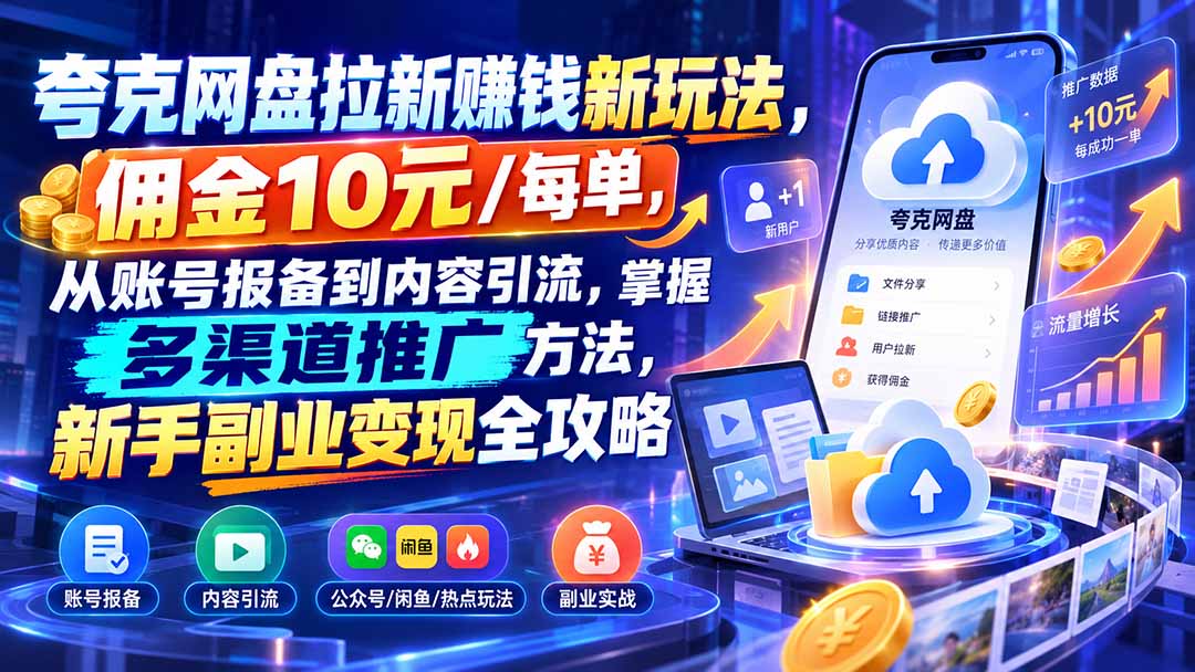 (21108期)夸克网盘拉新赚钱新玩法,佣金10元/每单,从账号报备到内容引流,掌握多渠道推广方法,新手副业变现全攻略-网创项目资源站-副业项目_创业项目_搞钱项目_网创项目资源平台