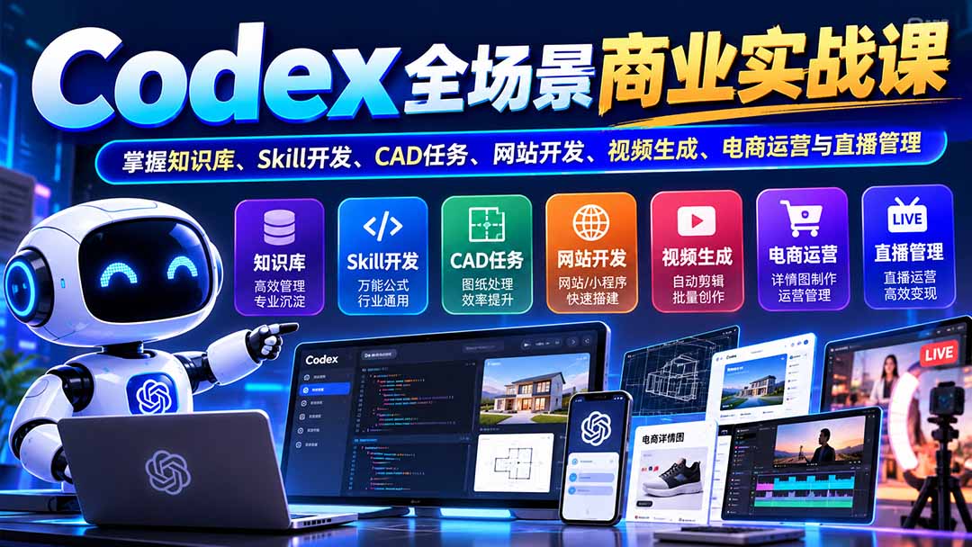（20712期）【无水印】Codex全场景商业实战课：掌握知识库、Skill开发、CAD任务、网站开发、视频生成、电商运营与直播管理网创库-网创项目资源站-副业项目-创业项目-搞钱项目网创吧