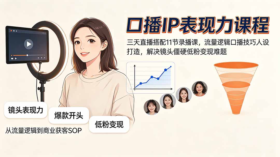(19604期)口播IP表现力课程|三天直播搭配11节录播课,流量逻辑口播技巧人设打造,解决镜头僵硬低粉变现难题