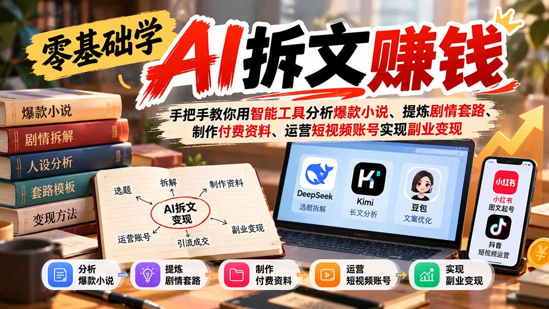 (21030期)零基础学AI拆文赚钱:手把手教你用智能工具分析爆款小说、提炼剧情套路、制作付费资料、运营短视频账号实现副业变现-网创项目资源站-副业项目_创业项目_搞钱项目_网创项目资源平台