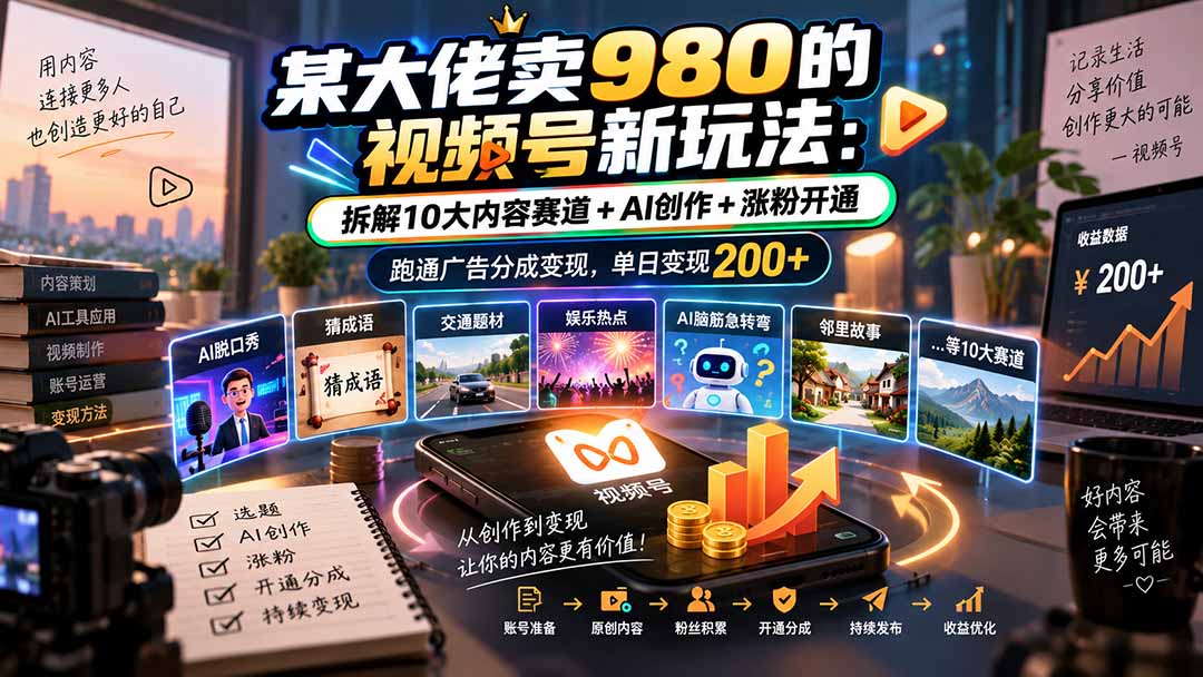(20573期)某大佬卖980的视频号新玩法:拆解10大内容赛道+AI创作+涨粉开通,跑通广告分成变现,单日变现200+网创吧-网创项目资源站-副业项目-创业项目-搞钱项目网创吧