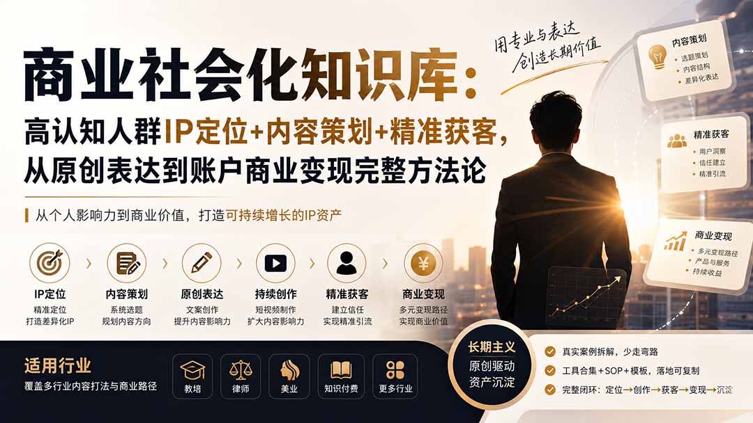 （19933期）商业社会化知识库：高认知人群IP定位+内容策划+精准获客，从原创表达到账户商业变现完整方法论网创吧-网创项目资源站-副业项目-创业项目-搞钱项目网创吧
