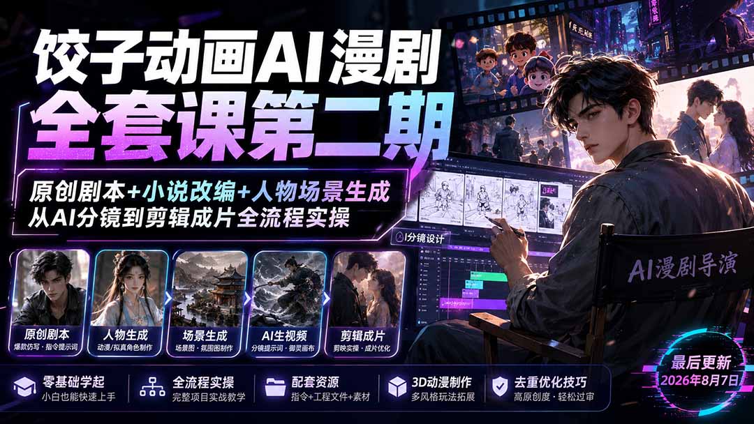 （19910期）饺子动画AI漫剧全套课第二期：原创剧本+小说改编+人物场景生成，从AI分镜到剪辑成片全流程实操网创吧-网创项目资源站-副业项目-创业项目-搞钱项目网创吧
