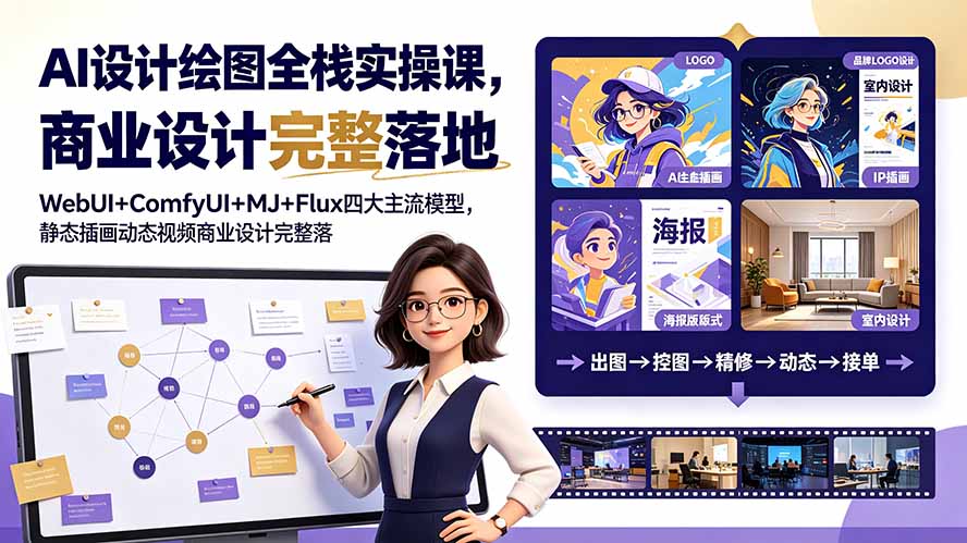 （19244期）AI设计绘图全栈实操课，WebUI+ComfyUI+MJ+Flux四大主流模型，静态插画动态视频商业设计完整落地教程网创吧-网创项目资源站-副业项目-创业项目-搞钱项目网创吧