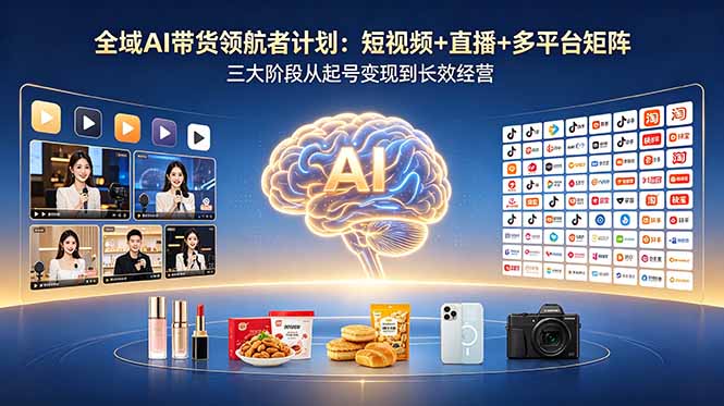 (18593期)全域AI带货领航者计划:短视频+直播+多平台矩阵,三大阶段从起号变现到长效经营