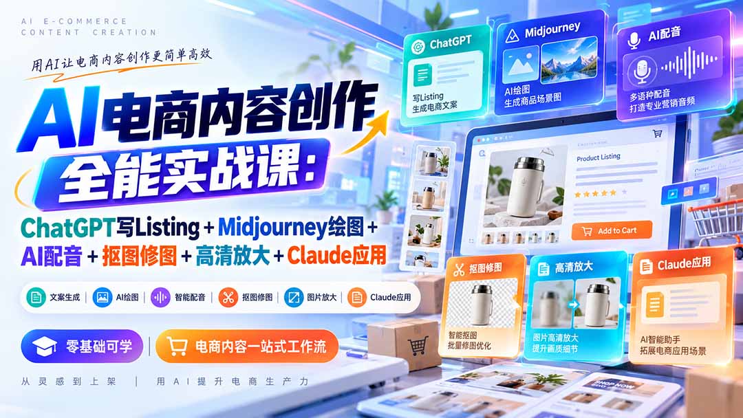 (20770期)【无水印】AI电商内容创作全能实战课:ChatGPT写Listing+Midjourney绘图+AI配音+抠图修图+高清放大+Claude应用网创库-网创项目资源站-副业项目-创业项目-搞钱项目网创吧