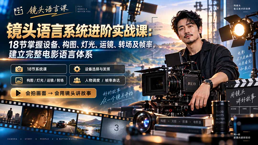 (20434期)镜头语言系统进阶实战课:18节掌握设备、构图、灯光、运镜、转场及帧率,建立完整电影语言体系网创吧-网创项目资源站-副业项目-创业项目-搞钱项目网创吧