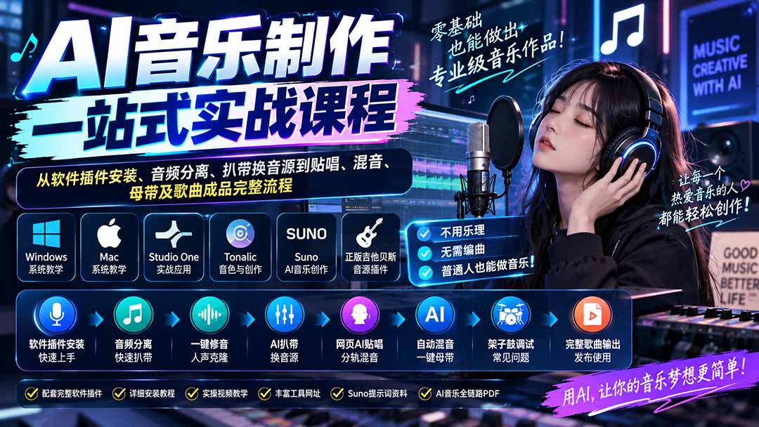 （20490期）AI音乐制作一站式实战课程：从软件插件安装、音频分离、扒带换音源到贴唱、混音、母带及歌曲成品完整流程网创吧-网创项目资源站-副业项目-创业项目-搞钱项目网创吧