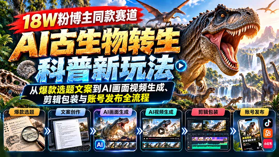 （20833期）18W粉博主同款赛道-AI古生物转生科普新玩法：从爆款选题文案到AI画面视频生成、剪辑包装与账号发布全流程网创库-网创项目资源站-副业项目-创业项目-搞钱项目网创吧