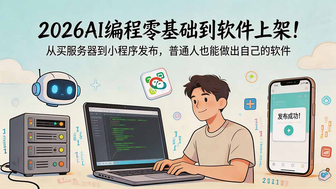 (18905期)2026AI编程零基础到软件上架!从买服务器到小程序发布,普通人也能做出自己的软件网创库-网创项目资源站-副业项目-创业项目-搞钱项目网创吧