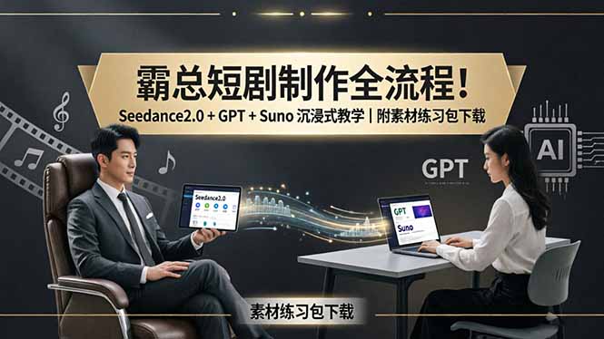(18153期)霸总短剧制作全流程!Seedance2.0 + GPT + Suno 沉浸式教学|附素材练习包下载