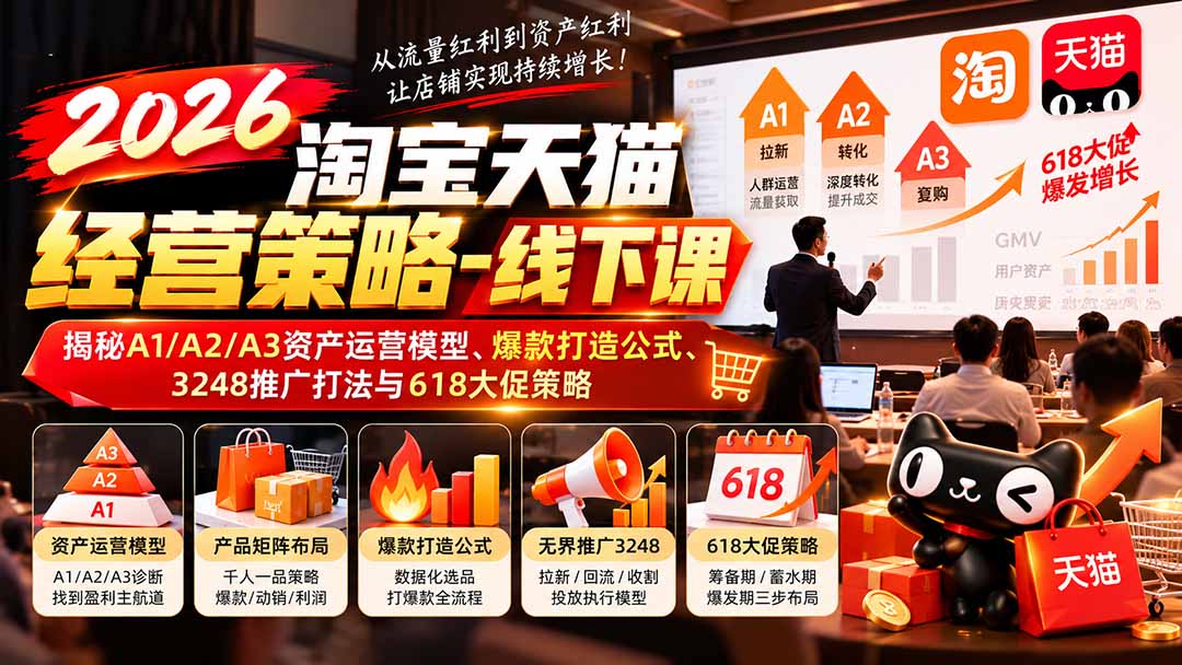（21051期）2026淘宝天猫经营策略-线下课-更新1019：揭秘A1/A2/A3资产运营模型、爆款打造公式、3248推广打法与618大促策略-网创项目资源站-副业项目_创业项目_搞钱项目_网创项目资源平台