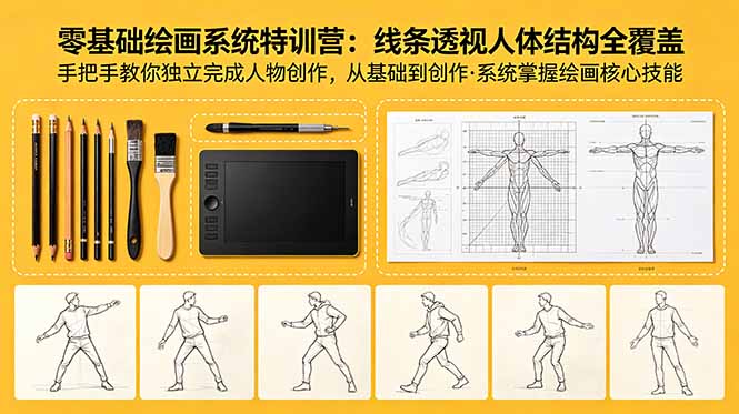 (18615期)零基础绘画系统特训营:线条透视人体结构全覆盖,手把手教你独立完成人物创作