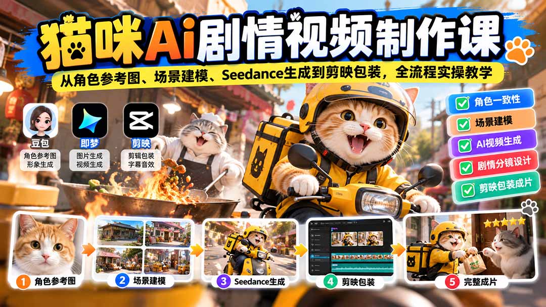 (20793期)猫咪AI剧情视频制作课:从角色参考图、场景建模、Seedance生成到剪映包装,全流程实操教学网创库-网创项目资源站-副业项目-创业项目-搞钱项目网创吧