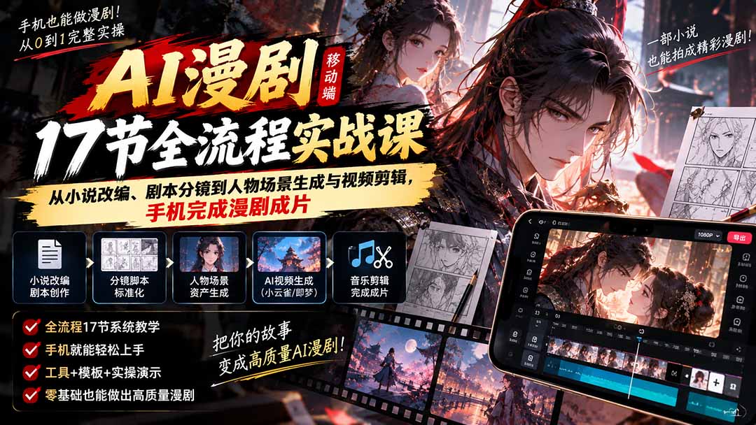 (20624期)AI漫剧移动端17节全流程实战课:从小说改编、剧本分镜到人物场景生成与视频剪辑,手机完成漫剧成片网创吧-网创项目资源站-副业项目-创业项目-搞钱项目网创吧