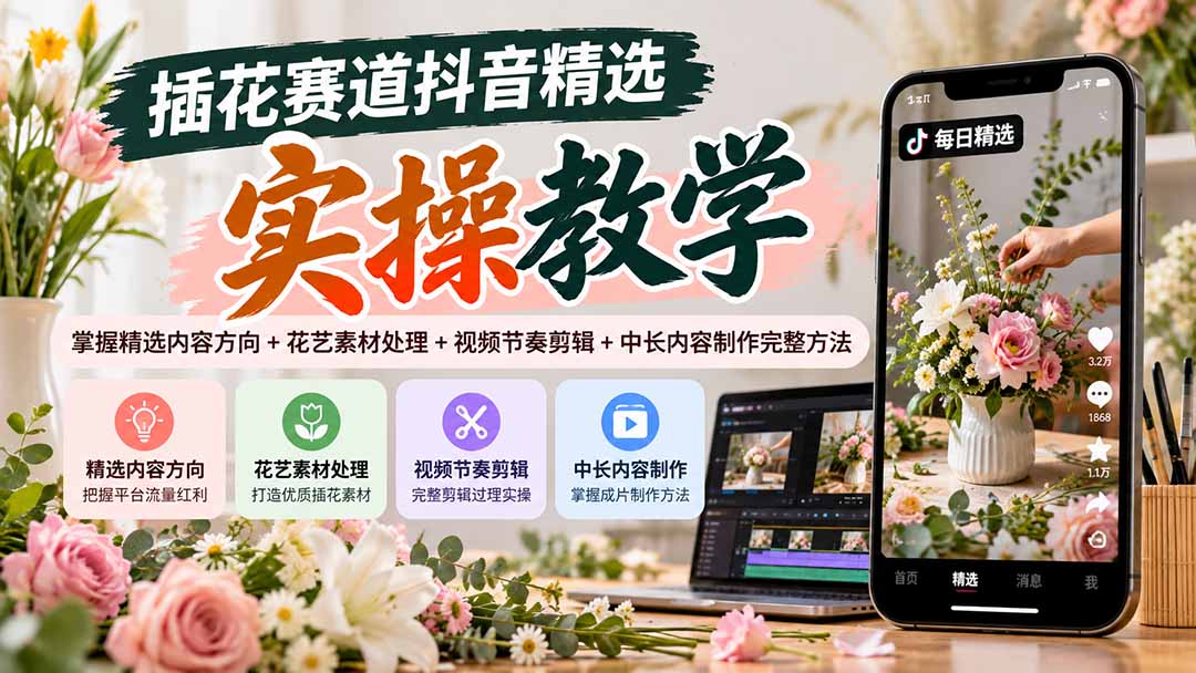 （20775期）插花赛道抖音精选实操教学：掌握精选内容方向+花艺素材处理+视频节奏剪辑+中长内容制作完整方法网创库-网创项目资源站-副业项目-创业项目-搞钱项目网创吧