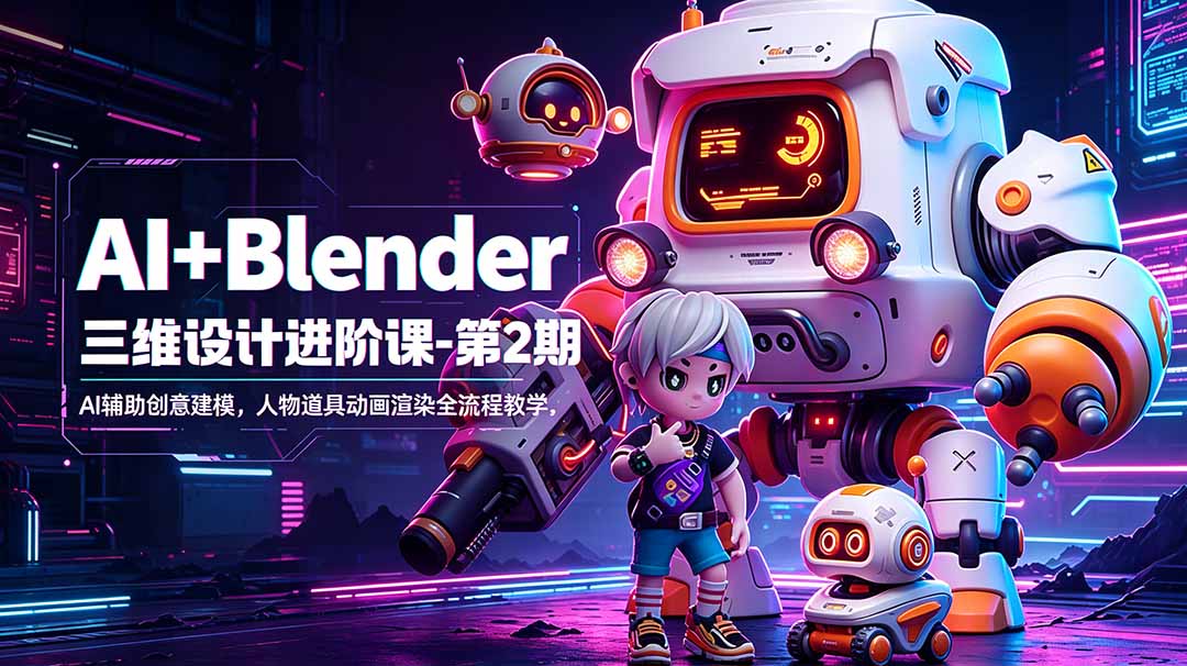 (18586期)AI+Blender三维设计进阶课-第2期:AI辅助创意建模,人物道具动画渲染全流程教学