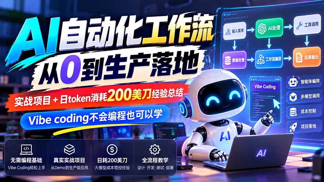 (20954期)【无水印】AI自动化工作流从0到生产落地,实战项目+日token消耗200美刀经验总结,Vibe coding不会编程也可以学-网创项目资源站-副业项目_创业项目_搞钱项目_网创项目资源平台