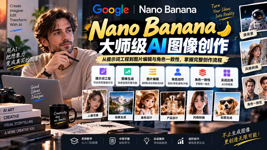 （20610期）【无水印】Nano Banana大师级AI图像实战课：从提示词工程到图片编辑与角色一致性，掌握完整创作流程网创吧-网创项目资源站-副业项目-创业项目-搞钱项目网创吧