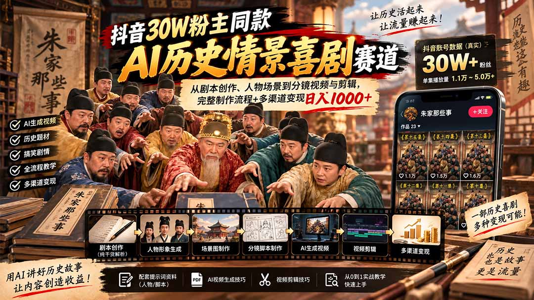 （20614期）抖音30W粉博主同款AI历史情景喜剧赛道：从剧本创作、人物场景到分镜视频与剪辑，完整制作流程+多渠道变现日入1000+网创吧-网创项目资源站-副业项目-创业项目-搞钱项目网创吧