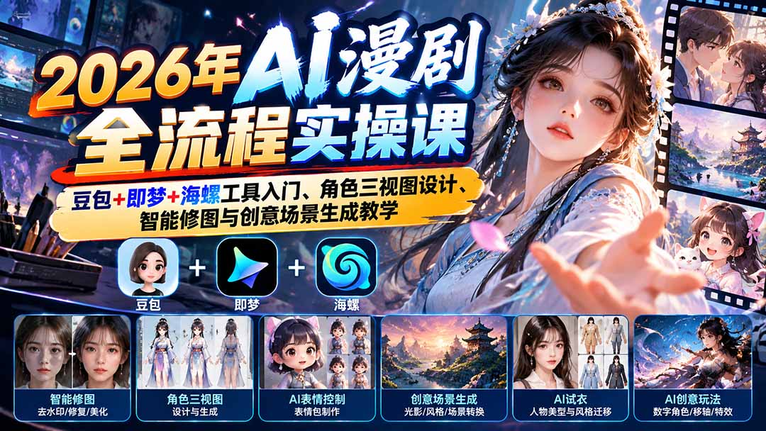 (21077期)【无水印】2026年AI漫剧全流程实操课:豆包+即梦+海螺工具入门、角色三视图设计、智能修图与创意场景生成教学